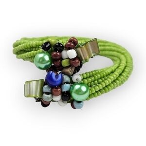 Green Memory Wire Bracelet Beaded Colorful Twist Abalone Bead Cluster ~6.25"